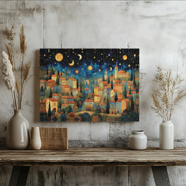 Whimsical Starry Night Village printable wall art digital download
