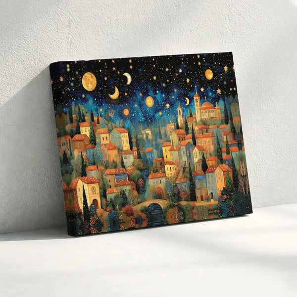Whimsical Starry Night Village printable wall art digital download